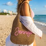 Personalisierte Multicolor gestickten Namen häkeln Raffia Tote Bag Strand Urlaub Singles Party Geburtstag Geschenk für Sie
