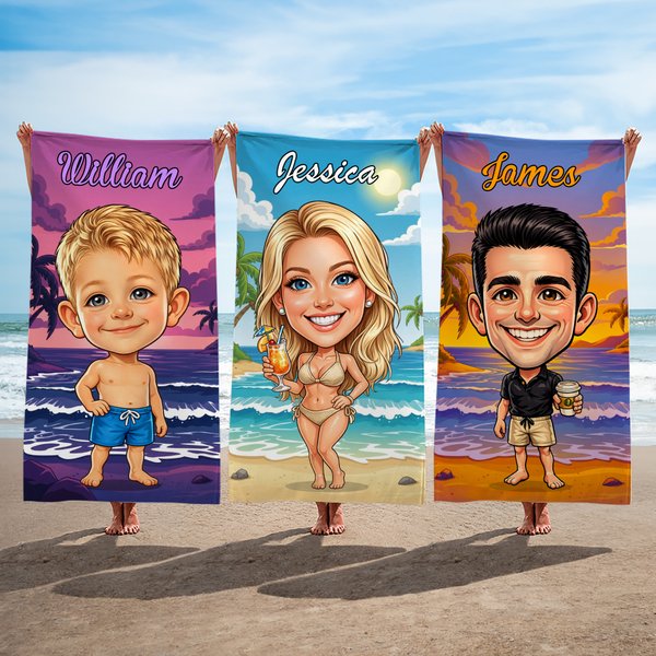 Personalised Retro Americana Cartoon Style  Photo Quick Dry Beach Towel with Name Anniversary Beach Trip Vacation Gift for Family Friends