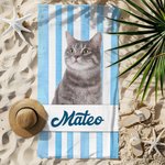 Personalized Pet Photo Stripe Soft Quick Dry Oversized Beach Towel with Name Summer Travel Vacation Essential Birthday Gift for Pet Lover