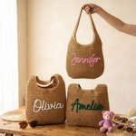 Personalisierte Multicolor gestickten Namen häkeln Raffia Tote Bag Strand Urlaub Singles Party Geburtstag Geschenk für Sie