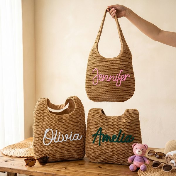Personalisierte Multicolor gestickten Namen häkeln Raffia Tote Bag Strand Urlaub Singles Party Geburtstag Geschenk für Sie