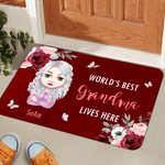 Personalised Watercolor Flower Cartoon Character Non-Slip Doormat with Title and Name Home Decor Mother's Day Gift for Mom Grandma