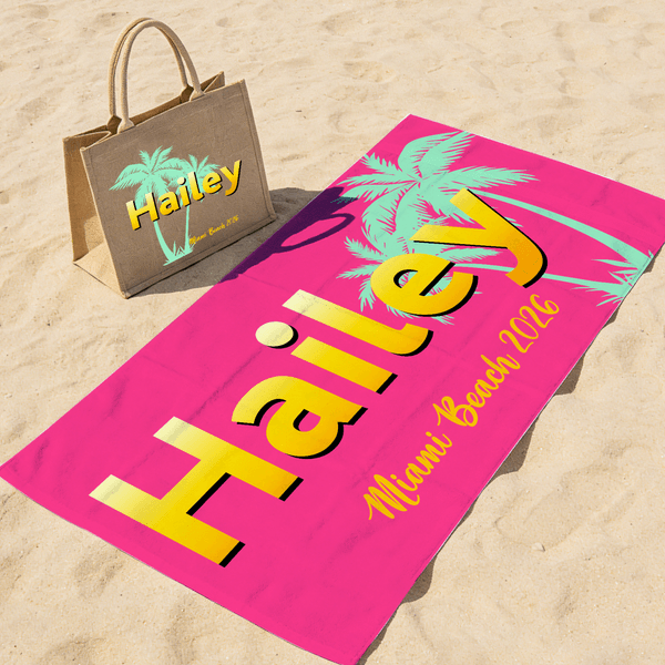Personalized Palm Gradient Name Jute Tote Bag Quick Dry Soft Oversized Beach Towel Set with Text Summer Vacation Beach Party Birthday Gift for Women