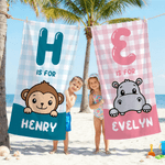 Serviette de plage en microfibre avec nom, personnalisée, avec les initiales d'un animal mignon, à séchage rapide Cadeau de plage pour un ami ou un enfant