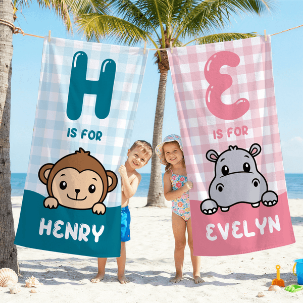 Serviette de plage en microfibre avec nom, personnalisée, avec les initiales d'un animal mignon, à séchage rapide Cadeau de plage pour un ami ou un enfant