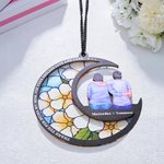 Personalize Birth Flower Cartoon Mom Kids Back View Moon-Shaped Suncatcher with Names Window Hanging Home Decor Mother's Day Gift for Mom Grandma