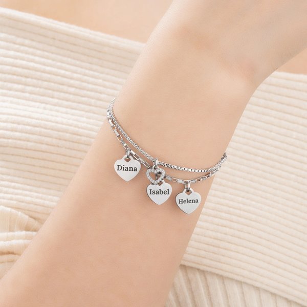 Pulsera personalizada de doble cadena con 1 a 6 colgantes en forma de corazón nombre y grabado regalo de cumpleaños para madre y abuela