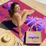 Personalized Palm Gradient Name Jute Tote Bag Quick Dry Soft Oversized Beach Towel Set with Text Summer Vacation Beach Party Birthday Gift for Women