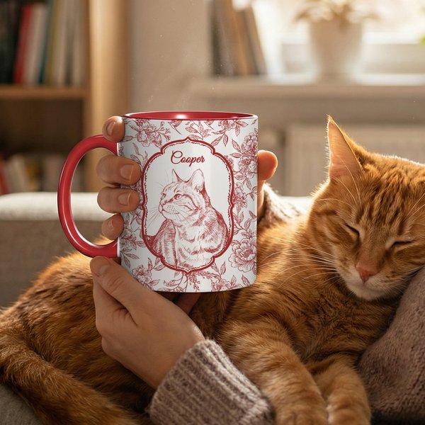 Personalized Toile De Jouy Style Pet Photo 11 oz 15 oz Ceramic Mug with Name Daily Use Birthday Gift for Pet Owner Lover
