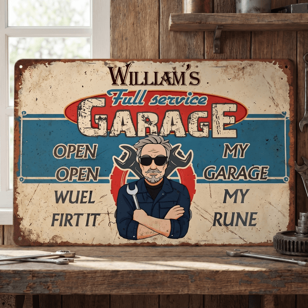 Personalized Vintage Cartoon Auto Mechanic Character Garage Metal Sign with Name Father's Day Birthday Gift for Father