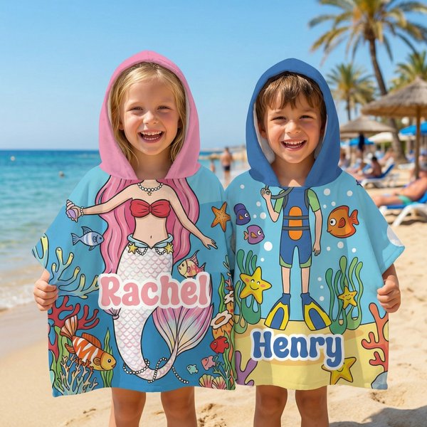 Personalized Princess Mermaid Dinosaur Diver Quick Dry Hooded Beach Towel with Name  Beach Pool Accessories Birthday Gift for Boys Girls