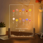 Personalised Birth Flower Acrylic LED Night Light with 1-12 Names Title Text and Wooden Base Mother's Day Gift for Mom Grandma