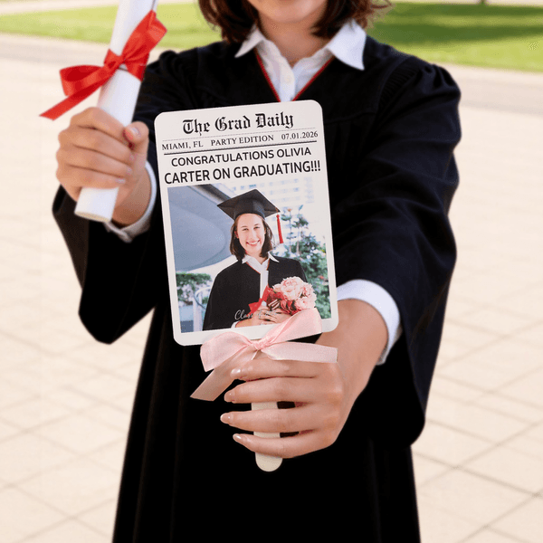 Personalisert avisbakgrunnsbånd med sløyfe Foto uteksamineringsvifter med tekst uteksamineringsgave til nyutdannede