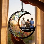 Personalize Birth Flower Cartoon Mom Kids Back View Moon-Shaped Suncatcher with Names Window Hanging Home Decor Mother's Day Gift for Mom Grandma