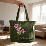 Personalisierte Cord Tragetasche mit Geburtsblumen und Namen | Großes Fassungsvermögen | Shopper | Tote Bag | Geburtstag Muttertag Geschenk für Frauen