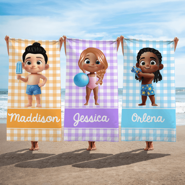 Personalized Stripe Cartoon Character Oversized Quick-Dry Beach Towel with Name Beach Party Birthday Gift for Boys Girls