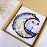 Personalize Birth Flower Cartoon Mom Kids Back View Moon-Shaped Suncatcher with Names Window Hanging Home Decor Mother's Day Gift for Mom Grandma