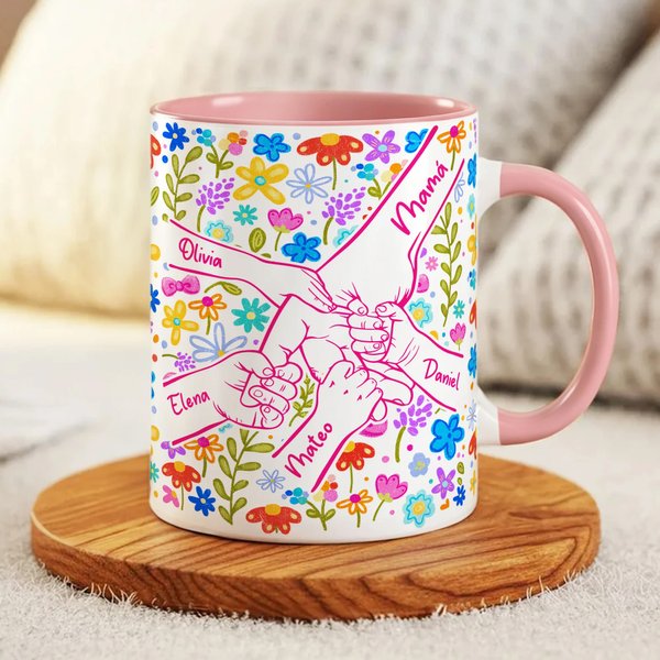 Taza personalizada de cerámica con nombres flores de colores y diseño de manos regalo de cumpleaños y Día de la Madre para mamá y abuela