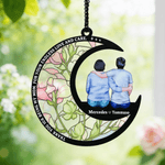 Personalize Birth Flower Cartoon Mom Kids Back View Moon-Shaped Suncatcher with Names Window Hanging Home Decor Mother's Day Gift for Mom Grandma