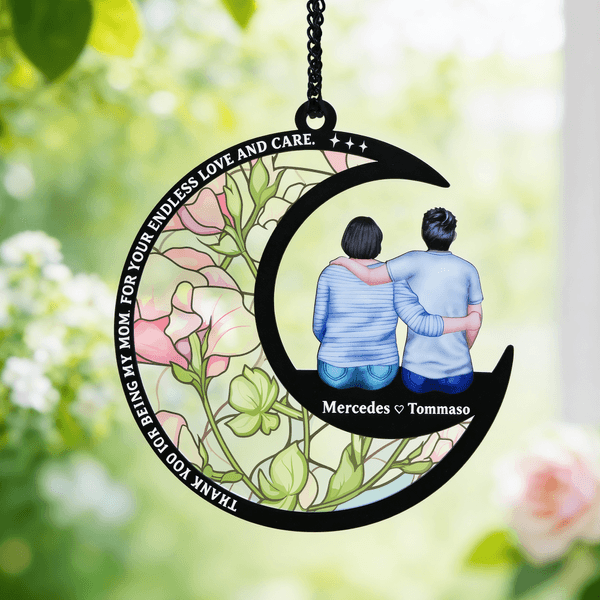 Personalize Birth Flower Cartoon Mom Kids Back View Moon-Shaped Suncatcher with Names Window Hanging Home Decor Mother's Day Gift for Mom Grandma
