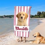 Personalized Pet Photo Stripe Soft Quick Dry Oversized Beach Towel with Name Summer Travel Vacation Essential Birthday Gift for Pet Lover