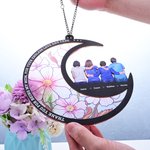 Personalize Birth Flower Cartoon Mom Kids Back View Moon-Shaped Suncatcher with Names Window Hanging Home Decor Mother's Day Gift for Mom Grandma
