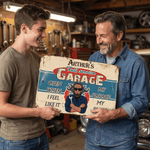 Personalized Vintage Cartoon Auto Mechanic Character Garage Metal Sign with Name Father's Day Birthday Gift for Father