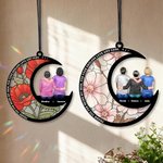 Personalize Birth Flower Cartoon Mom Kids Back View Moon-Shaped Suncatcher with Names Window Hanging Home Decor Mother's Day Gift for Mom Grandma