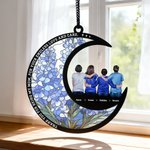 Personalize Birth Flower Cartoon Mom Kids Back View Moon-Shaped Suncatcher with Names Window Hanging Home Decor Mother's Day Gift for Mom Grandma