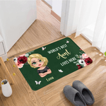 Personalised Watercolor Flower Cartoon Character Non-Slip Doormat with Title and Name Home Decor Mother's Day Gift for Mom Grandma