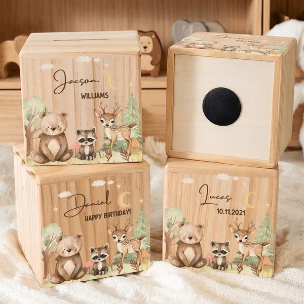 Personalised Cartoon Forest Animal Wooden Money Box Piggy Bank with Name Birthday Children's Day Gift for Boys Girls Kids