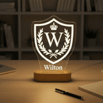Personalised Family Crest Initial Acrylic LED Night Light with Name and Wooden Base Father's Day Family Gathering Gift for Men