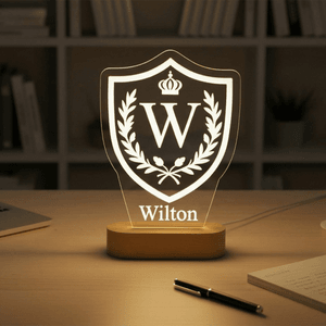 Personalized Family Crest Initial Acrylic LED Night Light with Name and Wooden Base Father's Day Family Gathering Gift for Men