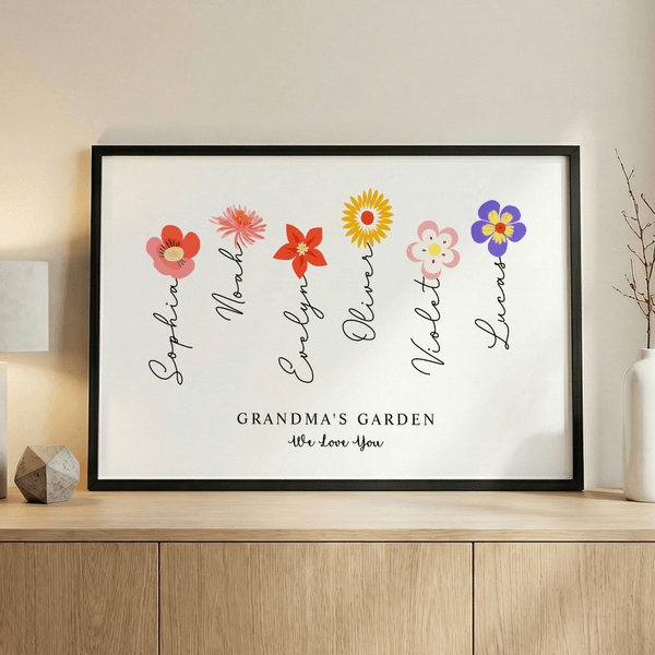 Personalized 1-12 Birth Flowers Poster Frameless Framed Painting with Names and Text Wall Room Decor Mother's Day Birthday Gift for Mom Grandma