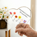Personlig Akrylplakett med fødselsblomst i hjerteform med 1-12 navn, tittel og tekst Romdekorasjon Morsdagsgave til mamma bestemor