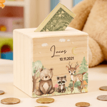 Personalised Cartoon Forest Animal Wooden Money Box Piggy Bank with Name Birthday Children's Day Gift for Boys Girls Kids