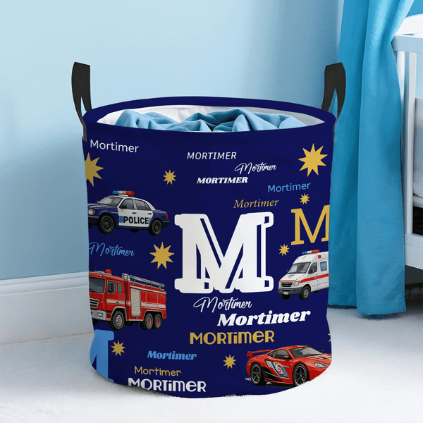 Gepersonaliseerde Cartoon Politieauto Brandweerwagen Ambulance Oxford Wasserij Opbergmand met Naam Speelgoed Opslag Dagelijks Gebruik Verjaardagscadeau voor Jongens Meisjes