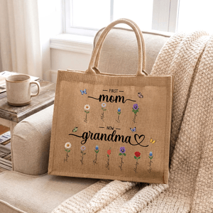 Personalised Faux Yarn Style Birth Flowers Large Jute Tote Bag with Name Mother's Day Birthday Anniversary Gift for Mother Grandmother