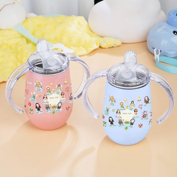 Taza isotérmica personalizada de dibujos animados con el nombre de los Santos del Cielo Guardianes 10 oz Oración para el bautismo católico Regalo de uso diario para niños pequeños