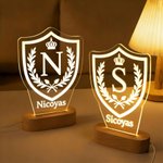 Personalised Family Crest Initial Acrylic LED Night Light with Name and Wooden Base Father's Day Family Gathering Gift for Men