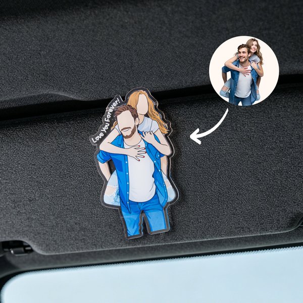 Personalised Comic Style Photo Acrylic Car Visor Clip with Text Car Accessories Birthday Anniversary Gift for Friend Couple Family