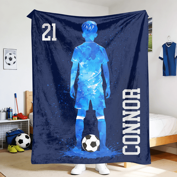 Gepersonaliseerde voetballer Silhouet Zachte Deken met Naam en Nummer Home Decor Verjaardag Dagelijks Gebruik Gift voor Tieners Voetballers