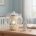 Personalized Cartoon Holy Saints of Heaven Guardian 10 oz Insulated Sippy Cup with Name Catholic Baptism Prayer Daily Use Gift for Toddler Kid