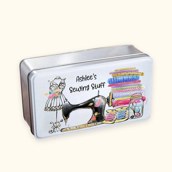 Gepersonaliseerd metalen naai-opbergblik met geschilderde naaimachinegeschenken voor kleermaker