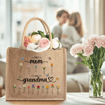 Personalized Faux Yarn Style Birth Flowers Large Jute Tote Bag with Name Mother's Day Birthday Anniversary Gift for Mother Grandmother
