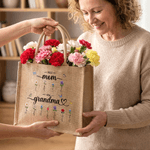 Personalized Faux Yarn Style Birth Flowers Large Jute Tote Bag with Name Mother's Day Birthday Anniversary Gift for Mother Grandmother