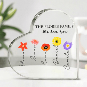 Personalised Birth Flower Heart Shape Acrylic Plaque with 1-12 Names Title and Text Room Decor Mother's Day Gift for Mom Grandma