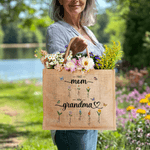 Personalized Faux Yarn Style Birth Flowers Large Jute Tote Bag with Name Mother's Day Birthday Anniversary Gift for Mother Grandmother