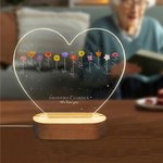 Personalized Grandma's Garden Birth Flower Heart Shape LED Night Light with Names Text Title and Wooden Base Mother's Day Gift for Mom Grandma