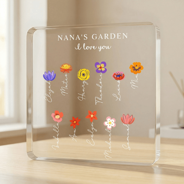 Personalized 1-12 Birth Flowers Square Acrylic Plaque with 1-12 Names Mother's Day Birthday Gift for Mom Grandma